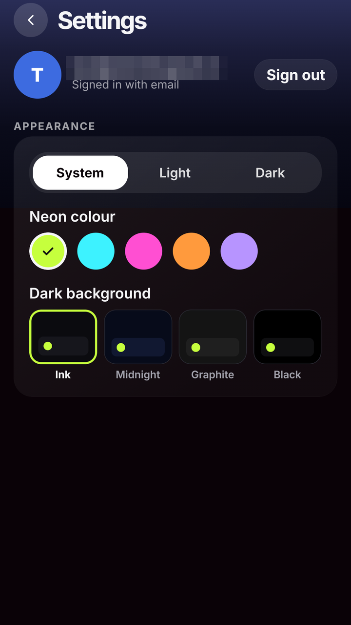 AICal Settings screen: light or dark appearance, a neon accent colour and four dark backgrounds