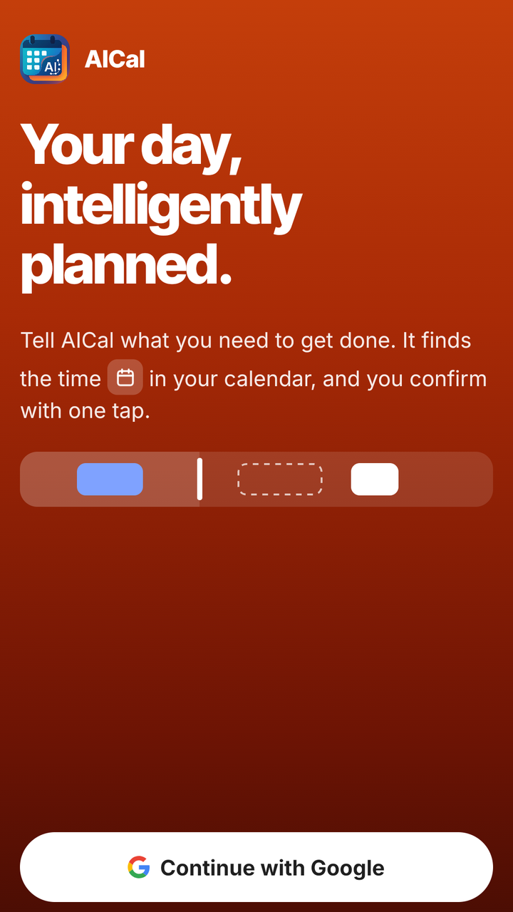 AICal welcome screen with the app logo and the sign-in options