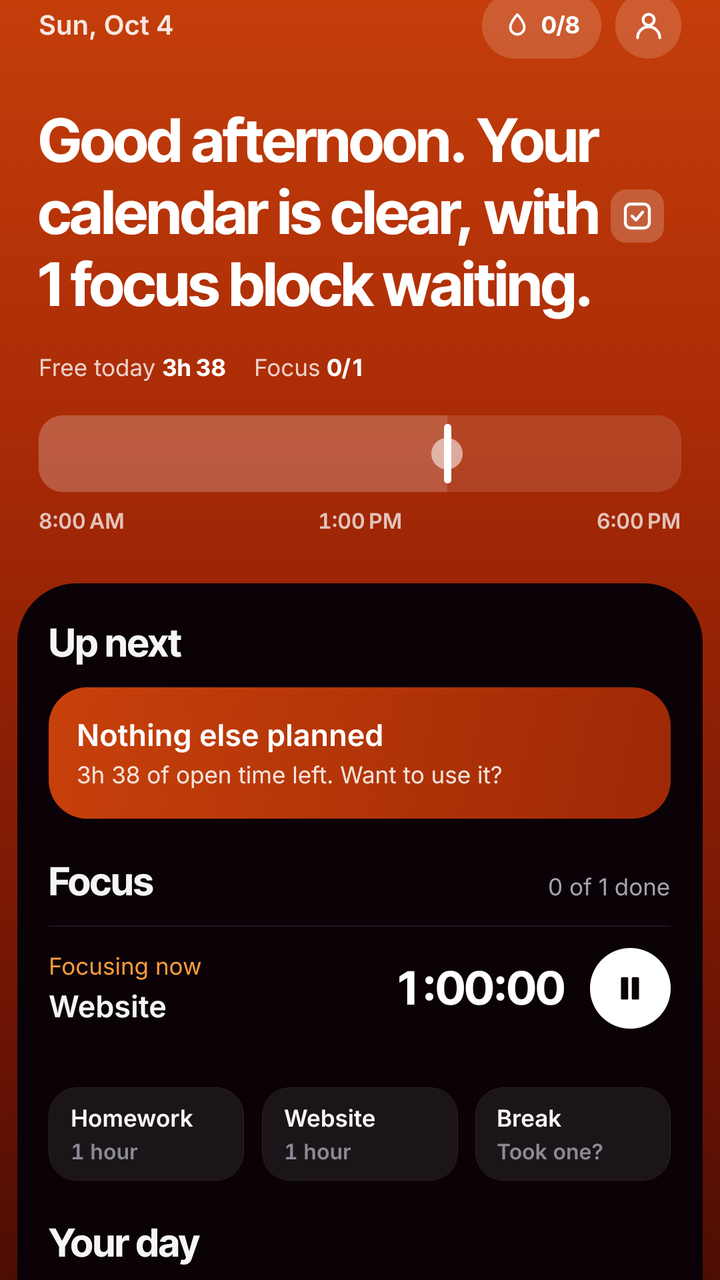 AICal Today screen: the day's free time, what is up next and a focus block